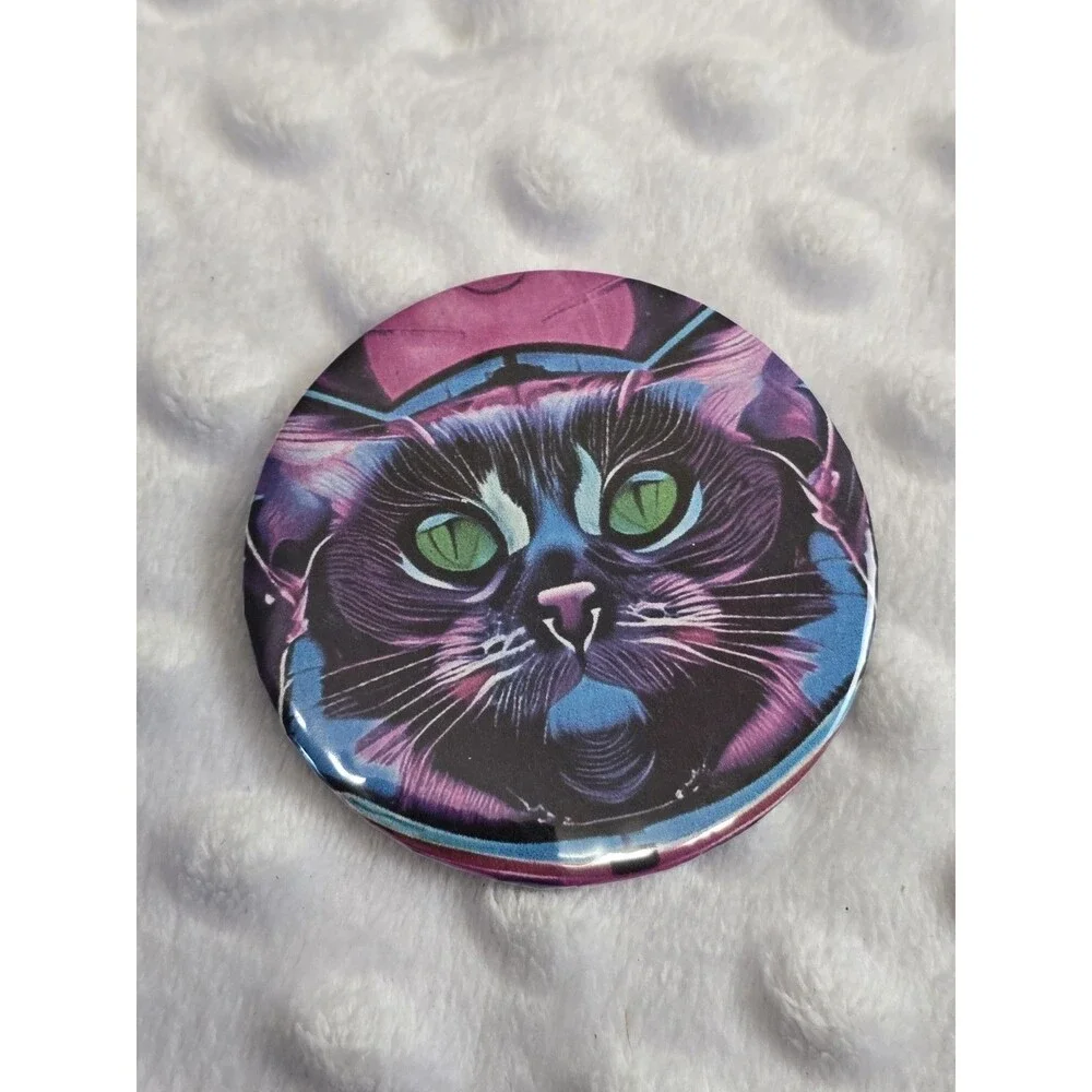 Psychadelic Black Cat Pinback Button Green Eyes Vintage Pin Jean Jacket Decor
